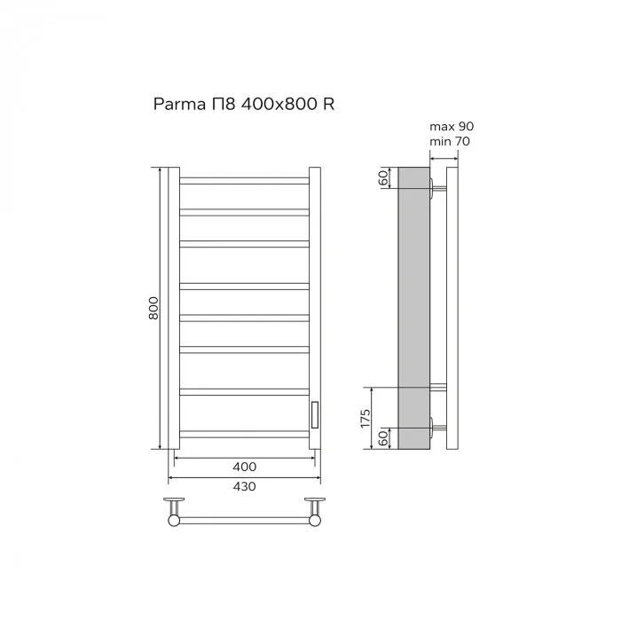 Полотенцесушитель электрический AZARIO PARMA 400/800 8 секций, диммер справа, черный, фото 5