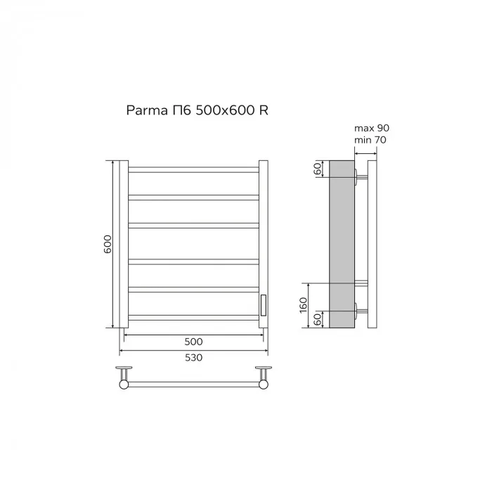 Полотенцесушитель электрический AZARIO PARMA 500/600 6 секций, диммер справа, белый, фото 5