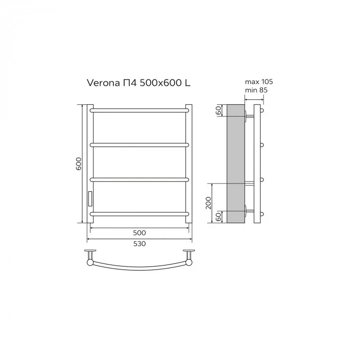 Полотенцесушитель электрический AZARIO VERONA 500/600 4 секции, тен слева, черный, фото 5